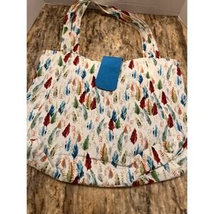 NWOT Soft Cotton Canvas Colorful Feathers Tote Bag Magnetic Snap Turquoise Purse